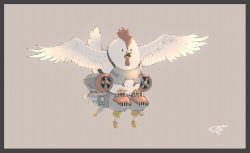 Rule 34 | bird, black border, border, chicken, feathers, gaimoon, mecha, no humans, original, propeller, robot, signature, simple background, tan background, white feathers, wings