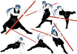 Rule 34 | 1boy, alternate costume, apron, blue hair, collared shirt, cu chulainn (fate), cu chulainn (fate/stay night), earrings, fate/stay night, fate (series), fighting stance, floating hair, full body, gae bolg (fate), grin, holding, holding polearm, holding weapon, jewelry, kicking, long hair, male focus, multiple views, necktie, official alternate costume, polearm, ponytail, red eyes, ruuto (ruto3), shirt, simple background, smile, spiked hair, type-moon, vest, waiter, weapon, white background