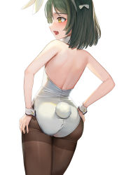 Rule 34 | 1girl, absurdres, animal ears, ass, back, bare arms, bare shoulders, bow, brown pantyhose, commentary, fake animal ears, fake tail, fang, from behind, green hair, hair bow, hairband, hands on own hips, highres, leotard, looking to the side, love live!, love live! school idol festival all stars, medium hair, mifune shioriko, open mouth, pantyhose, playboy bunny, rabbit ears, rabbit tail, simple background, solo, sunga2usagi, tail, white background, white bow, white hairband, white leotard, wrist cuffs, yellow eyes