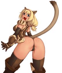 Rule 34 | 00s, 1girl, absurdres, animal ears, armor, ass, blonde hair, blue eyes, blush, cameltoe, cat ears, cat girl, cat tail, cleft of venus, fang, final fantasy, final fantasy xi, gochou (kedama), hairband, highres, long hair, mithra (ff11), open mouth, panties, slit pupils, solo, tail, thighhighs, thong, transparent background, underwear