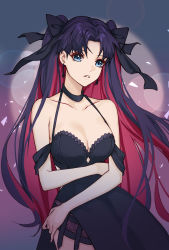 Rule 34 | 1girl, black bow, black dress, blue eyes, bow, breasts, collarbone, colored inner hair, danxing aipangzi, dress, earrings, fate/grand order, fate (series), hair bow, highres, ishtar (fate), jewelry, large breasts, long hair, multicolored hair, parted lips, purple hair, red hair, solo, space ishtar (fate), standing, tohsaka rin