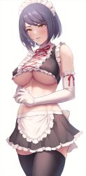 Rule 34 | 1girl, black hair, black thighhighs, blush, breasts, collarbone, commentary request, covered erect nipples, cowboy shot, crop top, edogawa roman, elbow gloves, frilled skirt, frills, genshin impact, gloves, highres, kujou sara, large breasts, lips, looking down, maid, maid headdress, midriff, short hair, simple background, skirt, solo, standing, sweatdrop, swept bangs, thighhighs, underboob, white background, white gloves, yellow eyes