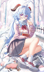 Rule 34 | 1girl, :o, absurdres, ahoge, alternate costume, blue hair, book, bow, bowtie, cellphone, chinese commentary, commentary request, contemporary, crossed legs, full body, ganyu (genshin impact), genshin impact, glasses, goat horns, gou lianlian dogface, grey skirt, hair between eyes, hand up, highres, horns, jacket, leaning to the side, long hair, long sleeves, looking at viewer, open clothes, open jacket, paid reward available, paper, parted lips, pencil case, phone, pink jacket, pleated skirt, pom pom (clothes), red bow, red bowtie, ribbed shirt, round eyewear, scarf, school uniform, semi-rimless eyewear, shirt, shoes, sidelocks, skirt, sleeves past wrists, smartphone, sneakers, snow, snowman, solo, thighs, tree, white scarf, winter, zhongli (genshin impact)