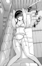 Rule 34 | 1girl, armpits, arms behind head, bra, breasts, cactus, couch, feet out of frame, flower pot, garter belt, garter straps, greyscale, groin, hairband, highres, indoors, long hair, looking at viewer, lowleg, lowleg panties, lying, monochrome, navel, on back, on couch, panties, plant, potted plant, satanophany, solo, stairs, thighhighs, underwear, underwear only, watering can, yamada yoshinobu