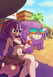 Rule 34 | 1girl, alternate costume, arm support, bare arms, beach, beach towel, beach umbrella, bikini, breasts, building, cleavage, cloud, commentary, creatures (company), cup, day, english commentary, food, fruit, game freak, gen 1 pokemon, gen 6 pokemon, gengar, glass, grin, hair between eyes, hairband, hex maniac (pokemon), highres, holding, holding cup, kurt robinson, liquid, long hair, navel, nintendo, open mouth, orange (fruit), orange slice, outdoors, palm tree, pokemon, pokemon (creature), pokemon xy, pumpkaboo, purple bikini, purple eyes, purple hair, purple hairband, sand, sitting, sky, smile, stairs, sunglasses, swimsuit, teeth, towel, tree, umbrella