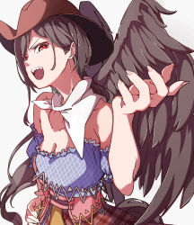 Rule 34 | 1girl, absurdres, armpit crease, bare shoulders, black hair, black wings, breasts, brown hat, brown skirt, cleavage, collarbone, commentary request, cowboy hat, feathered wings, fingernails, gokuu (acoloredpencil), hand on own hip, hat, head tilt, highres, horse tail, kurokoma saki, long fingernails, long hair, looking at viewer, medium breasts, off-shoulder shirt, off shoulder, open mouth, plaid, plaid skirt, puffy short sleeves, puffy sleeves, red eyes, scarf, shirt, short hair, short sleeves, simple background, skirt, smile, solo, standing, tail, teeth, touhou, upper body, upper teeth only, v-shaped eyebrows, very long hair, white background, white scarf, wings