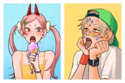 Rule 34 | + +, 1boy, 1girl, backwards hat, bare shoulders, baseball cap, bear, blonde hair, blue background, border, bracelet, bug, butterfly, candy, chainsaw man, checkered background, cherry, collarbone, cupcake, demon girl, demon horns, denji (chainsaw man), eating, eyebrows, eyelashes, fang, fangs, flower, food, fruit, hair between eyes, hair ornament, hair tie, hands on own face, hat, heart, heureoreo, highres, holding, holding food, horns, ice cream, ice cream cone, insect, jewelry, lipstick, looking to the side, makeup, open mouth, pale skin, pink hair, power (chainsaw man), rainbow, red eyes, red horns, ring, scrunchie, sharp teeth, shirt, short sleeves, simple background, sleeveless, smartwatch, smiley face, spaghetti strap, star (symbol), sticker, sunflower, t-shirt, tank top, teeth, tongue, tongue out, twintails, watch, white border, white shirt, wristband, wristwatch, yellow background, yellow eyes, yellow tank top