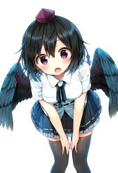 Rule 34 | 1girl, bad id, bad pixiv id, belt, black hair, black skirt, black thighhighs, black wings, blush, breasts, eyelashes, hat, leaning forward, looking at viewer, medium breasts, miniskirt, open mouth, pleated skirt, pom pom (clothes), red eyes, revision, shameimaru aya, shirt, shnva, short hair, short sleeves, simple background, skirt, solo, standing, thighhighs, tokin hat, touhou, v arms, white background, white shirt, wings, zettai ryouiki