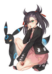 Rule 34 | 1girl, absurdres, alice (mcaredor), alternate color, asymmetrical bangs, black jacket, black nails, blush, candy, choker, closed mouth, creatures (company), dress, earrings, food, from side, full body, game freak, gen 2 pokemon, green eyes, hair ribbon, highres, holding, holding candy, holding food, holding lollipop, holding poke ball, jacket, jewelry, knee up, lollipop, looking at viewer, marnie (pokemon), nail polish, nintendo, pendant choker, pink dress, poke ball, poke ball (basic), pokemon, pokemon (creature), pokemon swsh, red ribbon, ribbon, shiny pokemon, short dress, simple background, squatting, stud earrings, twintails, two side up, umbreon, white background
