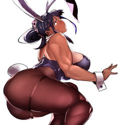 Rule 34 | 1girl, animal ears, ass, bare shoulders, blush, breasts, dark-skinned female, dark skin, fake animal ears, gen&#039;en (sioherashi), huge ass, large breasts, leotard, lips, open mouth, pantyhose, playboy bunny, playboy bunny, ponytail, purple hair, pursed lips, rabbit ears, short hair, sideboob, simple background, solo, thick thighs, thighs, white background
