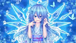 Rule 34 | 1girl, ahoge, alternate costume, alternate hair length, alternate hairstyle, animal print, arms up, blue background, blue bow, blue eyes, blue hair, blue kimono, blush, bow, breasts, butterfly print, cirno, collarbone, commentary request, dot nose, eyelashes, fingernails, floral print, furrowed brow, hair between eyes, hair bow, hair ornament, heart, highres, ice, ice wings, japanese clothes, kimono, long hair, long sleeves, looking at viewer, medium breasts, obi, obijime, open mouth, orika chomu, sash, sidelocks, snowflake hair ornament, solo, touhou, wings