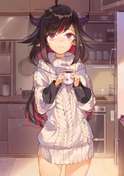 Rule 34 | 1girl, absurdres, ahoge, aran sweater, beige dress, beige sweater, black hair, cabinet, cable knit, counter, cowboy shot, cup, dress, drink, ears visible through hair, hana mori, highres, holding, holding cup, horns, indoors, jewelry, kitchen, light smile, long hair, long sleeves, multicolored hair, necklace, nijisanji, pendant, pink eyes, pink hair, pointy ears, shelf, solo, streaked hair, sweater, sweater dress, swept bangs, tea, twintails, two-tone hair, very long hair, virtual youtuber, yamiyono moruru
