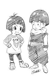 Rule 34 | 1boy, 1girl, aged down, artist name, black hair, boots, commentary request, dragon ball, dragonball z, father and daughter, greyscale, happy, looking at another, looking to the side, monochrome, pan (dragon ball), shirt, short hair, signature, simple background, sketch, smile, son gohan, standing, time paradox, white background, yabuki kentarou