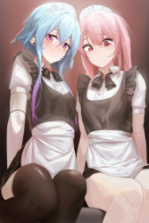 Rule 34 | 2boys, absurdres, androgynous, ansel (arknights), arknights, blue hair, closed mouth, dot mouth, highres, maid, maid headdress, mizuki (arknights), mo ne, multicolored hair, multiple boys, pink hair, red eyes, sitting, smile, thighhighs