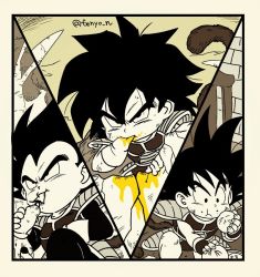 Rule 34 | 3boys, :/, armor, black eyes, black hair, broly (dragon ball super), chewing, commentary request, dragon ball, dragon ball minus, dragon ball super, dragon ball super broly, dumpling, eating, fenyon, finger in another&#039;s mouth, fingernails, food, food in mouth, food on face, gloves, greyscale, hand in mouth, holding, holding food, looking at viewer, looking down, male focus, messy hair, monkey, monkey tail, monochrome, multiple boys, son goku, spiked hair, spot color, tail, twitter username, v-shaped eyebrows, vegeta, white gloves, yellow theme