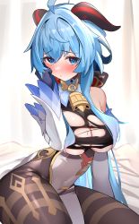 Rule 34 | 1girl, absurdres, ahoge, alternate eye color, bare shoulders, bell, blue eyes, blue gloves, blue hair, blush, breasts, brown pantyhose, detached sleeves, enishi96, full-face blush, ganyu (genshin impact), genshin impact, gloves, gold trim, highres, horns, long hair, looking at viewer, medium breasts, neck bell, pantyhose, sidelocks, sitting, solo, thighlet, thighs, torn clothes, wariza, white sleeves