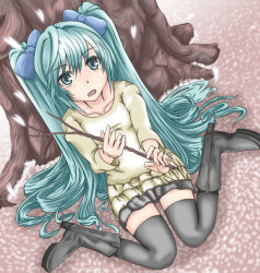 Rule 34 | 1girl, aqua eyes, aqua hair, boots, cherry blossoms, female focus, from above, hatsune miku, long hair, looking up, open mouth, ribbon, sitting, skirt, solo, t shatsu, thighhighs, twintails, very long hair, vocaloid