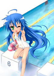Rule 34 | 00s, 1girl, ;3, ;d, ahoge, barefoot, blue hair, blush, clothes writing, covered navel, dutch angle, feet, flat chest, green eyes, hand on own hip, holding, innertube, izumi konata, kneeling, lane line, leg up, long hair, looking at viewer, lucky star, mole, mole under eye, name tag, navel, on one knee, one-piece swimsuit, one eye closed, open mouth, pointing, pool, school swimsuit, see-through, sketch, smile, solo, standing, swim ring, swimsuit, tyke, very long hair, water, white one-piece swimsuit, white school swimsuit, wink