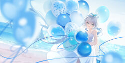 Rule 34 | 1girl, :d, absurdres, balloon, bare shoulders, beach, blue bow, bow, collarbone, commentary, cowboy shot, dress, green eyes, hair between eyes, hair bow, hair rings, harutatsunoki, highres, holding, holding balloon, looking at viewer, luo tianyi, ocean, open mouth, sand, short hair, smile, solo, sparkle, vocaloid, vsinger, water, white dress, white hair