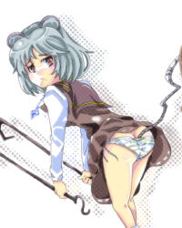 Rule 34 | 1girl, animal ears, ass, brown eyes, butt crack, closed mouth, dowsing rod, feet out of frame, from behind, grey hair, grey sailor collar, grey skirt, grey vest, holding, long sleeves, looking at viewer, looking back, mouse ears, mouse girl, mouse tail, nazrin, nmknf (mkn), oekaki, panties, sailor collar, shirt, simple background, skirt, skirt set, socks, solo, striped clothes, striped panties, tail, touhou, underwear, vest, white background, white shirt, white socks