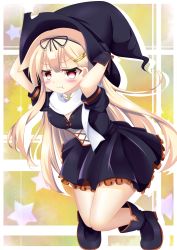 Rule 34 | 10s, 1girl, :t, absurdres, adapted costume, black dress, black gloves, blonde hair, blush, boots, bow, breasts, cleavage, dress, frilled skirt, frills, full body, gloves, green background, hair bow, hair ornament, hairclip, hat, highres, kantai collection, long hair, peta (taleslove596), pout, red eyes, scarf, simple background, skirt, sleeve cuffs, solo, squatting, star (symbol), witch hat, yuudachi (kancolle), yuudachi kai ni (kancolle)