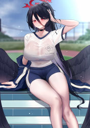 Rule 34 | 1girl, absurdres, arm up, black choker, black hair, black wings, blue archive, blue jacket, blue shorts, blue sky, blurry, blurry background, blush, breasts, choker, closed mouth, feathered wings, feet out of frame, gym uniform, halo, hand on own head, hasumi (blue archive), hasumi (track) (blue archive), highres, jacket, large breasts, long hair, looking at viewer, low wings, mcic0, mole, mole under eye, off shoulder, open clothes, open jacket, outdoors, ponytail, red eyes, see-through, shirt, short shorts, shorts, sitting, sky, smile, solo, thighs, track jacket, very long hair, white shirt, wings