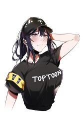 Rule 34 | 1girl, baseball cap, breasts, ero404, hat, highres, korean text, medium breasts, naver (website), solo, toptoon, white background