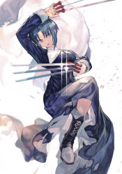 Rule 34 | black keys (type-moon), blue eyes, blue hair, boots, breasts, ciel (tsukihime), dress, habit, hungry clicker, jumping, medium breasts, multiple weapons, nun, open mouth, parted bangs, short hair, sidelocks, solo, traditional media, tsukihime, weapon