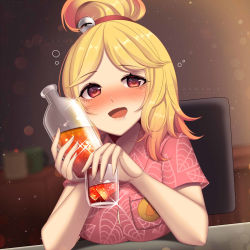Rule 34 | 1girl, alcohol, animal crossing, bell, blonde hair, blush, bottle, breasts, brown eyes, chair, cup, drunk, female focus, glass, highres, holding, holding cup, humanization, indoors, isabelle (animal crossing), jingle bell, kamaniki, large breasts, nintendo, personification, pink shirt, pov across table, saliva, shirt, short sleeves, solo, updo, upper body, watermark