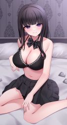 Rule 34 | 1girl, bare shoulders, bed sheet, black bow, black bowtie, black bra, black hair, black skirt, blunt bangs, bow, bowtie, bra, breasts, cleavage, closed mouth, condom, condom wrapper, highres, large breasts, legs, long hair, looking at viewer, mole, mole under eye, namagome negi, navel, no shirt, on bed, original, pillow, pleated skirt, purple eyes, sitting, skirt, solo, stomach, straight hair, underwear, yokozuwari