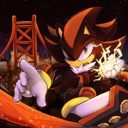 Rule 34 | 1boy, city, electricity, furry, furry male, gloves, hera souflee, highres, male focus, night, night sky, open mouth, orange eyes, shadow the hedgehog, shoes, sky, solo, sonic (series), sonic adventure 2, white gloves