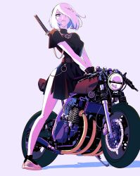 Rule 34 | 1girl, 2b (nier:automata), absurdres, adapted costume, belt chain, black dress, black gloves, blue eyes, breasts, chain, commentary, dress, english commentary, full body, gloves, hair ornament, highres, katana, looking at viewer, medium breasts, mole, mole under mouth, motor vehicle, motorcycle, nier:automata, nier (series), no blindfold, on motorcycle, panties, sheath, sheathed, shoes, short hair, side slit, sneakers, solo, sword, sword behind back, underwear, vinne, virtuous contract, weapon, white hair