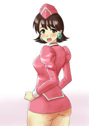 Rule 34 | 1girl, agent aika, aika (series), artist request, ass, blush, breasts, brown eyes, brown hair, delmo, delmogeny uniform, dress, earrings, garrison cap, hat, highres, huge ass, jacket, jewelry, juliet sleeves, long sleeves, looking at viewer, looking back, medium breasts, pencil skirt, pink delmo, pink hat, pink jacket, pink skirt, puffy sleeves, short dress, short hair, skirt, solo, suzie (agent aika), taut clothes, uniform, wide hips
