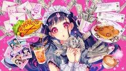 Rule 34 | 1girl, banknote, black hair, coffee, coffee mug, cup, envelope, eyeshadow, food, frills, glass, hair ornament, hairclip, hands up, head tilt, heart, heart-shaped pupils, holding, holding money, honeyworks, long hair, looking at viewer, maid headdress, makeup, money, mug, nakamura chizuru, omelet, omurice, pancake, photo (object), pink background, pink eyes, plate, puckered lips, puffy short sleeves, puffy sleeves, rabbit hair ornament, short sleeves, sleeve cuffs, solo, symbol-shaped pupils, ticket, two side up, upper body, yamako (state of children)