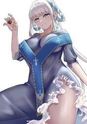 Rule 34 | 1girl, bberbn, blue dress, blue hair, braid, breasts, candy, chocolate, chocolate heart, collarbone, cross, cross earrings, dress, earrings, fate/grand order, fate (series), food, grey hair, grin, hair rings, heart, highres, holding, holding chocolate, holding food, jewelry, large breasts, long hair, looking at viewer, braided hair rings, multicolored hair, ponytail, pope joan (fate), purple eyes, revision, sash, simple background, smile, solo, thighs, twin braids, two-tone hair, white background