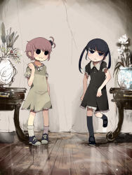 Rule 34 | 0w0, 2girls, bad link, black dress, black eyes, black footwear, black hair, black socks, blush stickers, bow, bowtie, brown hair, closed mouth, collared dress, commentary request, crack, cracked wall, dress, flower, frown, fujishiro mikaze, full body, grey dress, hair bobbles, hair ornament, hand up, indoors, jitome, kingyo oukoku no houkai, kneehighs, long hair, looking at viewer, mary janes, mizutani kaho, mozou crystal, multiple girls, no pupils, one side up, pigeon-toed, plant, potted plant, puffy short sleeves, puffy sleeves, shoes, short hair, short sleeves, sneakers, socks, solid circle eyes, standing, standing on one leg, twintails, uneven twintails, vase, white bow, white bowtie, white flower, white socks, wooden floor
