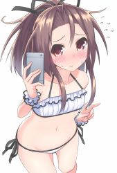 Rule 34 | 10s, 1girl, :&gt;, alternate costume, bare shoulders, bikini, blush, breasts, brown eyes, brown hair, cellphone, collarbone, crop top, embarrassed, flying sweatdrops, from above, hair between eyes, halterneck, kantai collection, looking at viewer, midriff, navel, phone, ponytail, s ibane, side-tie bikini bottom, small breasts, smartphone, smile, stomach, swimsuit, v, white bikini, zuihou (kancolle)