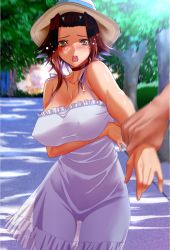 Rule 34 | 1girl, bare shoulders, blurry, blush, breast hold, breasts, brown eyes, cleavage, collar, covered erect nipples, cowboy shot, day, depth of field, dress, hat, highres, izayoi aki, large breasts, looking at viewer, no bra, no panties, open mouth, outdoors, pov, pov hands, red hair, see-through silhouette, short hair, solo focus, sun hat, sundress, sunlight, switch01, white dress, yu-gi-oh!, yu-gi-oh! 5d&#039;s