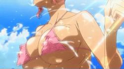 Rule 34 | 1girl, animated, animated gif, bikini, bouncing, bouncing breasts, breasts, close-up, day, frilled bikini, frills, head out of frame, highschool of the dead, large breasts, non-web source, pink hair, ribs, skindentation, sky, solo, swimsuit, takagi saya, tan, water