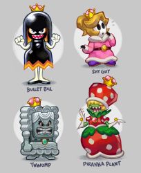 Rule 34 | 4girls, ballooncar, black skin, blush stickers, bullet bill, character name, clenched hands, colored skin, dress, elbow gloves, finger to mouth, flying sweatdrops, fur trim, gem, gloves, green skin, grey background, grey skin, hair over eyes, highres, mario (series), multiple girls, new super mario bros. u deluxe, nintendo, piranha plant, puffy short sleeves, puffy sleeves, sharp teeth, short sleeves, shy guy, simple background, super crown, teeth, thwomp