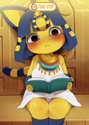 Rule 34 | 1girl, :&lt;, animal crossing, animal ears, ankha (animal crossing), black eyes, blue hair, blush, book, breasts, cat ears, cat girl, cat tail, closed mouth, dagashi (daga2626), dress, english text, furry, furry female, highres, holding, holding book, looking at viewer, nintendo, panties, pantyshot, sitting, small breasts, solo, tail, time stop, underwear, white dress, white panties, yellow fur