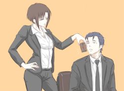 Rule 34 | 10s, 1boy, 1girl, aoyanagi risa, astroh0, black hair, brown hair, chair, cup, formal, hand on own hip, necktie, psycho-pass, short hair, simple background, sitting, suit, teppei sugo