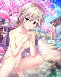 Rule 34 | 1girl, anastasia (idolmaster), blue eyes, cleft of venus, completely nude, highres, idolmaster, nude, nude filter, onsen, peeing, public indecency, pussy, silver hair, smile, solo, squatting, steam, third-party edit, uncensored