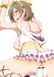 Rule 34 | 10s, 1girl, ass, blush, bracelet, breasts, brown hair, cake, clearite, food, hair ribbon, highres, jewelry, koizumi hanayo, large breasts, looking back, love live!, love live! school idol project, natsuiro egao de 1 2 jump!, nipples, off shoulder, open mouth, panties, purple eyes, purple panties, ribbon, saliva, short hair, simple background, solo, star (symbol), tattoo, underwear, white background