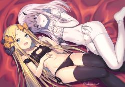 Rule 34 | 2girls, :d, :o, abigail williams (fate), black bow, black bra, black legwear, black panties, blonde hair, blue eyes, blush, bow, bow panties, bra, breasts, cleavage, cleavage cutout, clothing cutout, collarbone, fate/grand order, fate (series), hair between eyes, hair bow, holding hands, horns, interlocked fingers, kokusan moyashi, lavinia whateley (fate), long hair, looking at viewer, lying, meme attire, multiple girls, navel, no shoes, on back, on side, open mouth, orange bow, panties, parted bangs, polka dot, polka dot bow, purple eyes, side-tie panties, silver hair, single horn, small breasts, smile, stomach, thighhighs, twitter username, underwear, underwear only, very long hair, white bra, white legwear, white panties