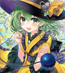 1girl :d breasts chacham green_eyes green_hair hands_up happy hat komeiji_koishi medium_breasts nail_polish open_mouth outline round_teeth smile solo teeth touhou white_outline