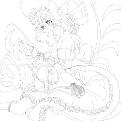 Rule 34 | 1girl, absurdres, adapted costume, bow, cosplay, dress, flandre scarlet, greyscale, hat, highres, laevatein, lineart, monochrome, pocket watch, remilia scarlet, remilia scarlet (cosplay), simple background, sitting, solo, stuffed animal, stuffed toy, tears, teddy bear, touhou, transparent background, tsukajin, wariza, watch, wings