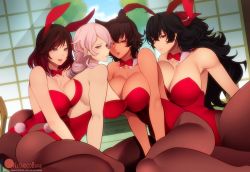 Rule 34 | 4girls, absurdres, animal ears, ass, back, bare shoulders, black hair, blue eyes, blush, bow, bowtie, breast press, breasts, cat ears, cleavage, collarbone, fake animal ears, female focus, gradient hair, grey eyes, highres, huge breasts, kali belladonna, large breasts, leotard, long hair, looking at viewer, mature female, multicolored hair, multiple girls, nachocobana, one eye closed, open mouth, pantyhose, parted lips, playboy bunny, rabbit ears, rabbit tail, raven branwen, red bow, red eyes, red hair, red leotard, rwby, short hair, sitting, smile, strapless, strapless leotard, summer rose, tail, thick thighs, thighs, trait connection, very long hair, wariza, white hair, willow schnee, wink, yellow eyes