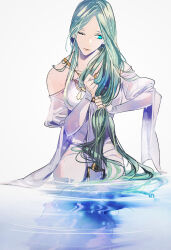 Rule 34 | 1girl, bare shoulders, breasts, fire emblem, fire emblem: three houses, green eyes, green hair, large breasts, long hair, looking to the side, nintendo, one eye closed, reflection, reflective water, rhea (fire emblem), solo, tsukimura noe, upper body, water