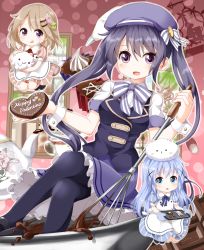 Rule 34 | 3girls, :d, :o, :q, animal, animal on head, apron, baking sheet, beret, black legwear, blonde hair, blue eyes, blue hair, bow, bowl, rabbit, rabbit on head, candy, chibi, chibi on head, chocolate, chocolate bar, chocolate heart, coffee pot, food, food on face, gochuumon wa usagi desu ka?, hair ornament, hairclip, happy valentine, hat, heart, highres, hoto cocoa, kafuu chino, licking lips, mittens, mixing bowl, multiple girls, on head, open mouth, oversized object, pantyhose, pentagram, pinstripe pattern, puffy short sleeves, puffy sleeves, purple eyes, purple hair, ribbon, ruu (tksymkw), short sleeves, smile, striped, tedeza rize, tippy (gochiusa), tippy (gochuumon wa usagi desuka?), tongue, tongue out, twintails, valentine, vest, waitress, whisk, wrist ribbon